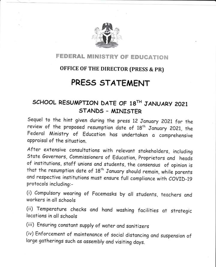 News update: FG gives fresh update on school Resumption.