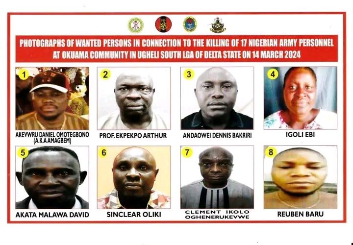 BREAKING: [Photos] Defence Headquarters Declares Eight Nigerians Wanted Over Killing of 17 Military Personnel